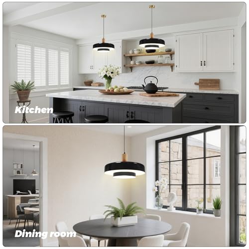 Image of Set of 2 Pcs 13.8 inch Black Dome Pendant Light Nordic Flush Mount Ceiling Light Solid Wood Hanging Light Farmhouse Pendant Lighting for Kitchen Island Dining Room Restaurant