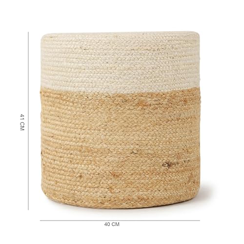 Image of Habere India-All the Cultures Fabricating India Ottomans for Living Room | pouffe Stool | Ottoman Stool | Jute pouffes for Sitting - White, Round (M: Dia40xH41 cm)