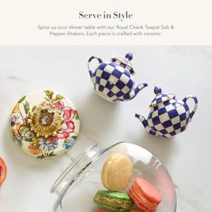 MACKENZIE-CHILDS Teapot Salt and Pepper Shaker Set, Ceramic Salt and Pepper Holders, Blue-and-White Royal Check MACKENZIE CHILDS Teapot Salt and Pepper Shaker Set Ceramic Salt and Pepper Holders Blue and White Royal Check