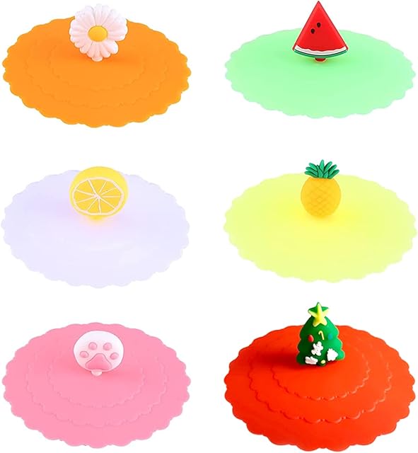 Silicone Glass Cup Covers, 6 Pack Food Grade Silicone Cup Cover Lids Anti-Dust Cup Covers, Creative Round Mug Cover Cartoon Silicone Glass Cup Cover for Coffee Beer Mug Wine Glass