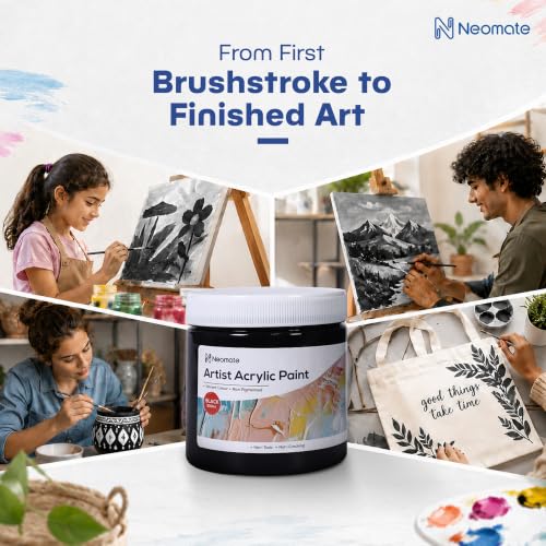 Image of Neomate Acrylic Colour Black 500ml | Art & Craft, DIY, Rich Pigment, Non-Craking Paint for Canvas, Wood, Leather, Earthenware, Metal | Ideal for school projects, Hobbyists, Artists