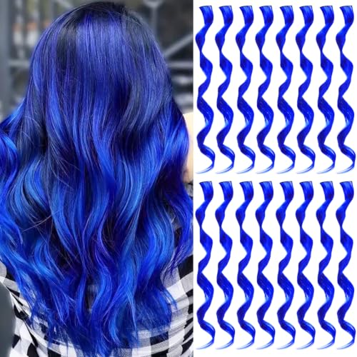 TOFAFA 16 Pcs Blue Hair Extensions Clip in Curly Wavy Synthetic Hairpiece