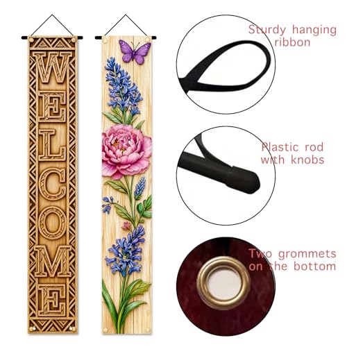 Image of Nuxovilar Welcome Peony Butterfly Porch Banners 12x70 Inches Polyester | Spring Porch Sign, Hanging Decor Floral welcome Banner, Peony Wreath Accent Garden, Porch, Patio (Welcome Peony)