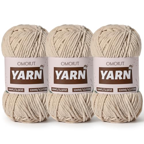 Image of 3 Packs Plush Chenille Chunky Crochet Yarn - Baby Yarn for Crocheting Soft - Velvet Yarns Knitting for Blankets Crafts - Fluffy Amigurumi Yarns 300g / 393yd (3 Light Khaki)
