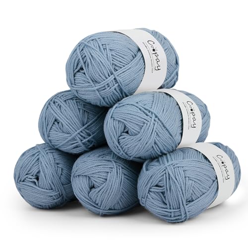 Coopay Ovillo de lana para ganchillo, 100% algodón para tejer, 6 x 50 g, hilo suave de algodón para ganchillo, lana de bebé, hilo de algodón para suéteres, calcetines, mantas de bebé, color azul