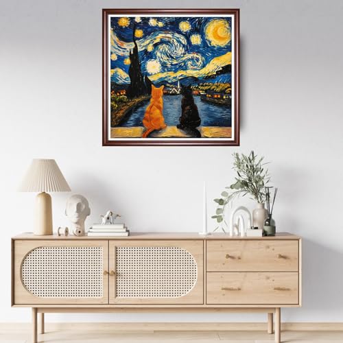 Image of Findvoor Stamped Cross Stitch Kits for Beginner Embroidery Kits for Beginners Adults DIY 11CT Cross Stitch Patterns Needlepoint Kits Crossstitching Kits-Cat Admiring the Moon 18x18 inch