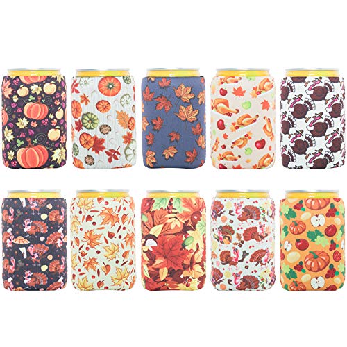 HaiMay 10 Pieces Thanksgiving Beer Can Sleeves Beer Can Coolers Neoprene Drink Cooler Sleeves for Cans and Bottles, Festival Styles