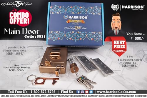 Image of Harrison Main Door Lock Hinge Free / 1 Duro Bolt 5530 Rose Gold Finish 5 Computerised Key with 2 Hinge 0971 SS Finish and Key Ring /Mild Steel Material /Door Lock, Rim Lock, Dead Bolt Lock
