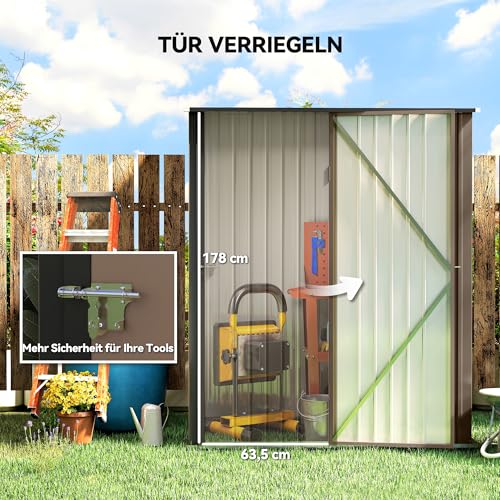 Outsunny Metall Gerätehaus 1,34m² 161,5 x 94,5 x 196cm Geräteschuppen mit Pultdach Abschließbarer Tür, wetterfest Garten Schuppen Outdoor Gartenhaus für Hinterhof Außenbereich Braun
