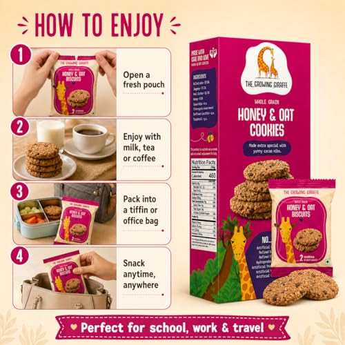 Image of The Growing Giraffe Whole Grain Honey & Oat Cookies Made Extra Special with Yummy Chocolate Chips Tasty, Healthy & Nutritious Cookies, Artificial Flavor & Color Free - 160 Grams (Pack of 2)