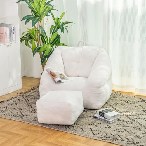HomJoones Bean Bag Chair with Ottoman, Armrest Bean Bag Chair with Filler, Ultra Soft Fluffy Faux Fur Bean Bag Chair with Foot Rest, Plush Lazy Sofa with Foot Stool for Living Room, Dorm (White)