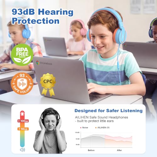 Image of AILIHEN I35 Kids Headphones for School with Mic, 93dB Safe Volume, Blue Pop | Wired On Ear Headphones for Girls Boys, Foldable Lightweight Headphone for Classroom Learning & Entertainment Travel Computer