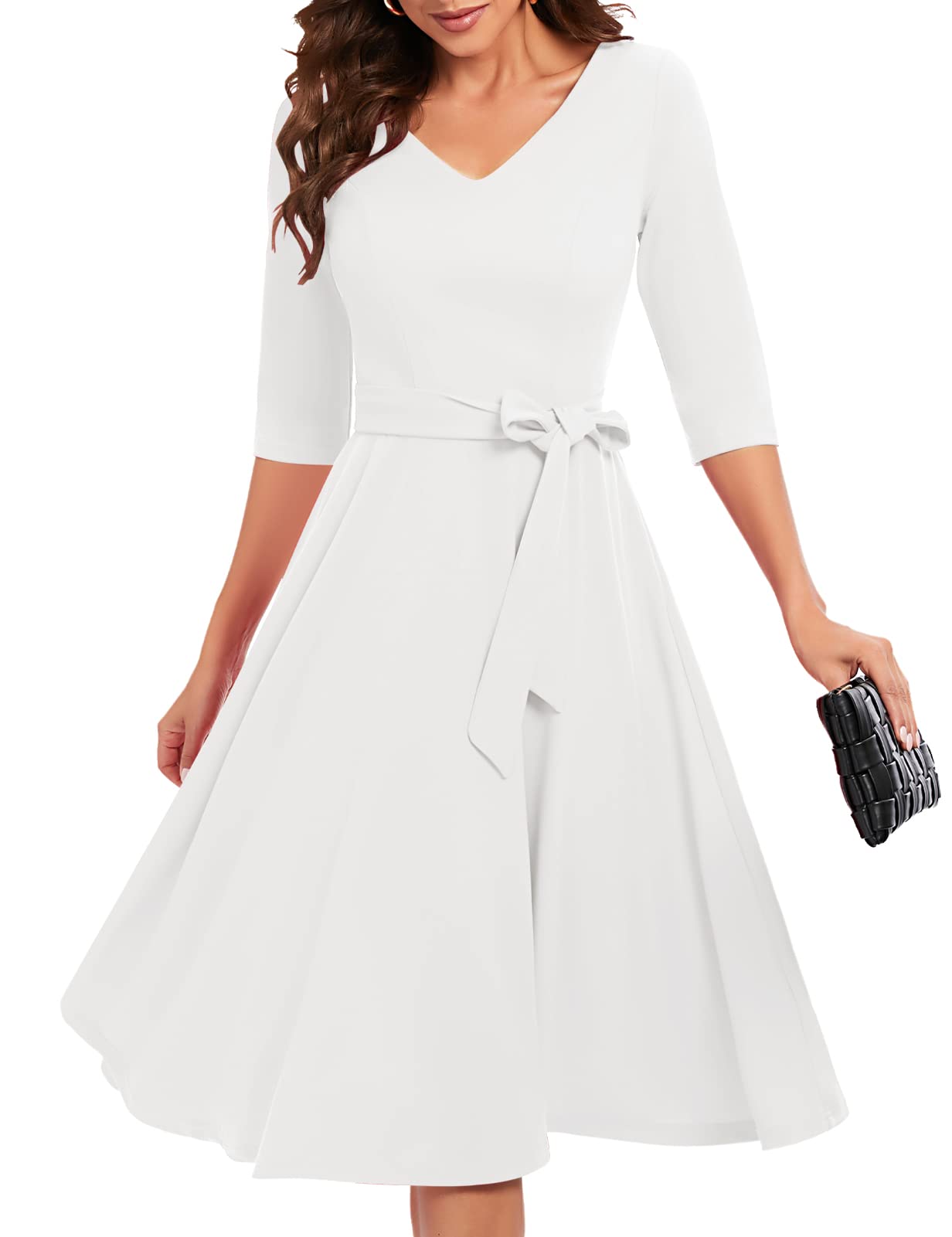 Bbonlinedress Vestido de Fiesta Cóctel Vintage para Muejeres Bada Graduación Dama de Honor Midi Mangas 3/4 Cuello V con Cinturón