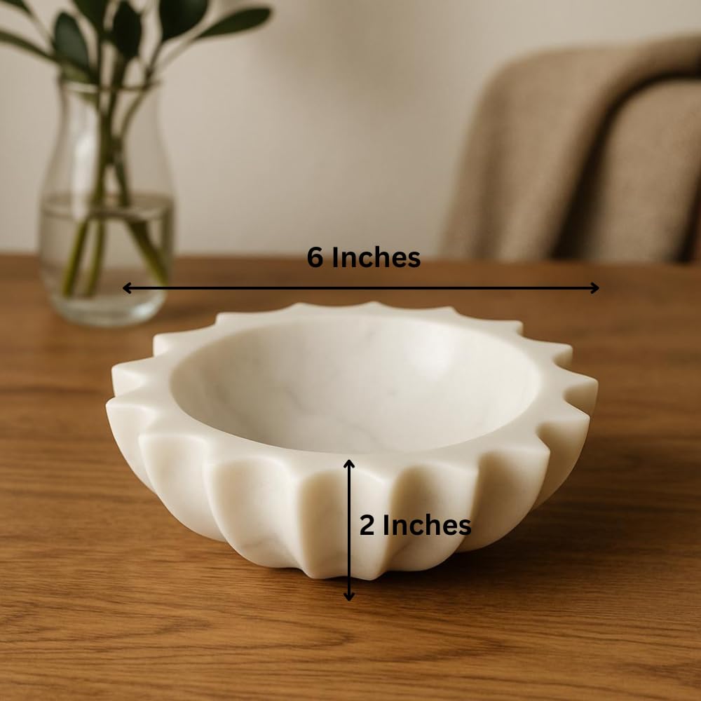 HandCrafted Marble Large Decorative Bowl | White Decorative Bowl for Home Decor | Fruit Bowl | Key/Ring Dish | Coffee Table Bowl | Fluted Scalloped Catch All Bowl for Entryway | Ideal Gift (6 Inches)