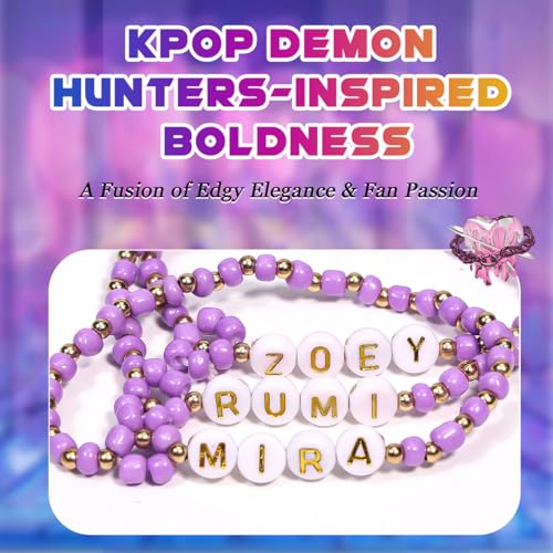 AICase for Kpop Demon Hunters Merch Rumi Zoey Mira Inspired Bracelets 3 Pcs Stackable Stretch Friendship Beaded Bracelets for Huntrix k pop Unique Merchandise Jewelry Gifts for Fans Women Men_Purple2