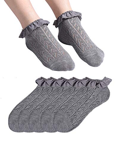 Womens Socks, Low Cut Ankle Lace Ruffle Socks Mesh Cotton Non-Slip Comfy Socks(Gray,5 Pairs)