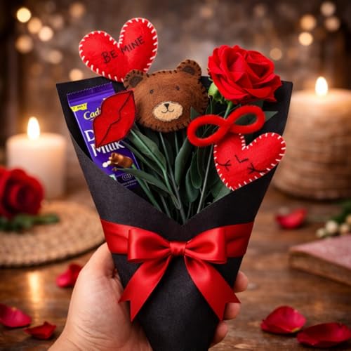 Akaar 7 Days of Valentine’s Week Felt Bouquet | Rose, Be Mine Heart, Chocolate, Teddy, Promise, Hug & Kiss | Romantic Gift for Boyfriend/Girlfriend
