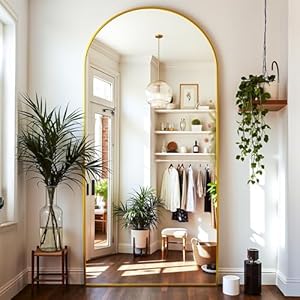 Floor Mirror, 76″x34″ Oversized Full Length Mirror with Stand, Arched Full Body Mirror Standing Hanging Leaning Against Wall, Aluminum Frame Giant Mirrors for Bedroom Cloakroom, Gold