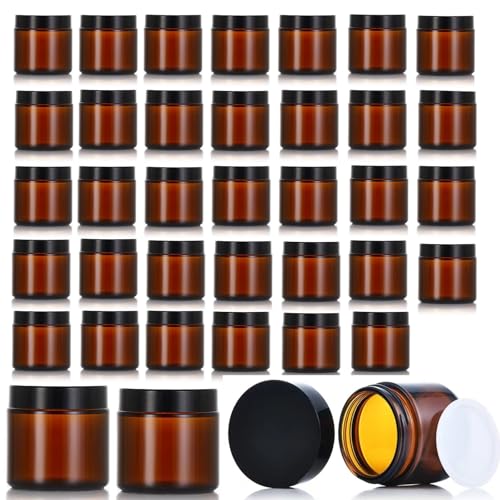 Zentriqlla 36 Pack 2oz Amber Glass Jars, Round Cosmetic Jars with with Black Lids and Inner Liners, Reusable Glass Containers for Homemade Creams, Candle, Skincare, Lotion, Travel
