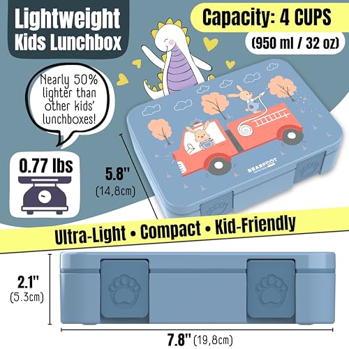 Image of BEARFOOT Kids Lunch Box with Compartments - Compact & Lightweight | Leak-Proof, BPA-Free, Dishwasher Safe | Hand-Drawn Design for Preschool, School, Travel (Firetruck Bunnies Blue, 4 Cups) | BPA Free Leakproof Lunch Box with Compartments School & Nursery for Girls & Boys Lightweight & Compact