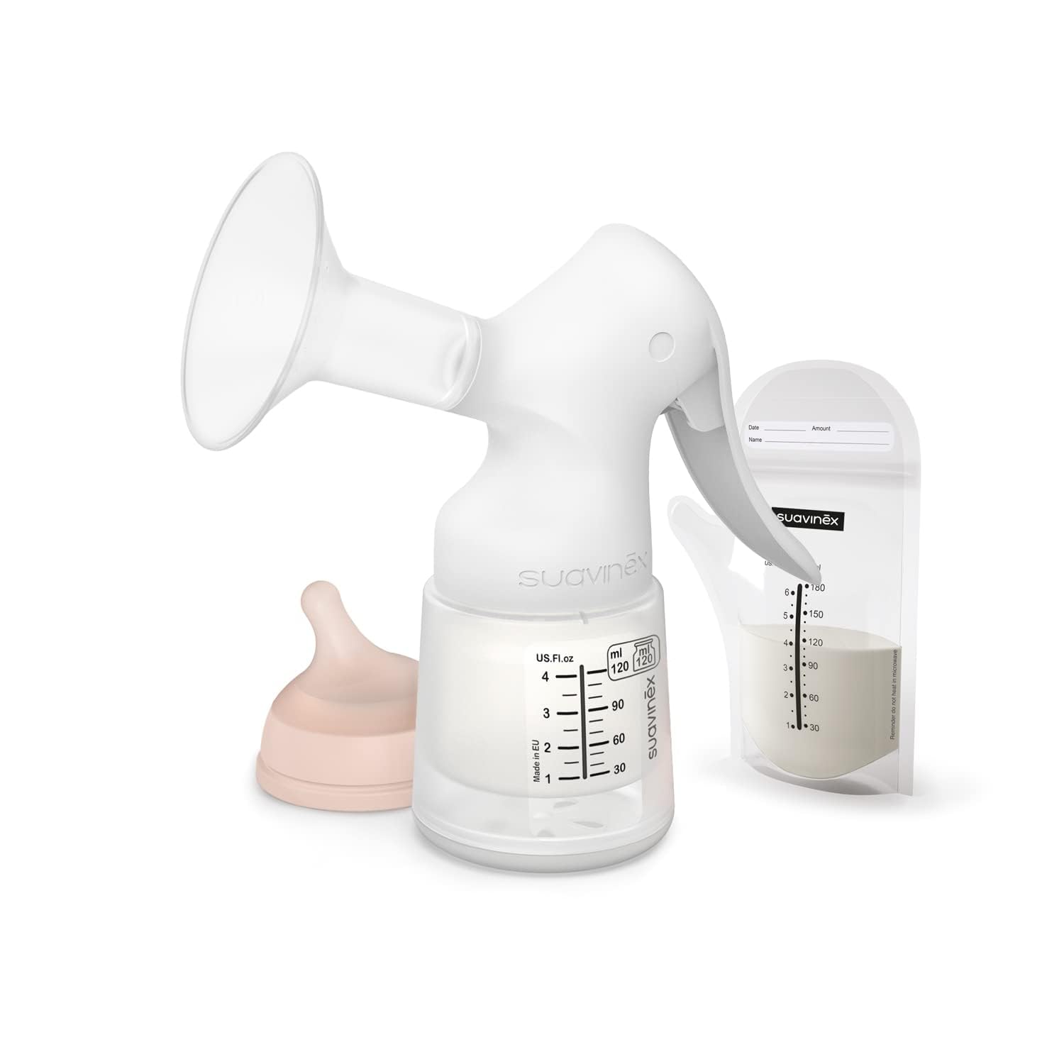 Suavinex, Materna-Milchpumpenset für manuelle Milchpumpe, 120 ml, mit anpassbarem Durchfluss, 3 Aufbewahrungstaschen, Reißverschluss, Transporttasche, manuelle Milchpumpe