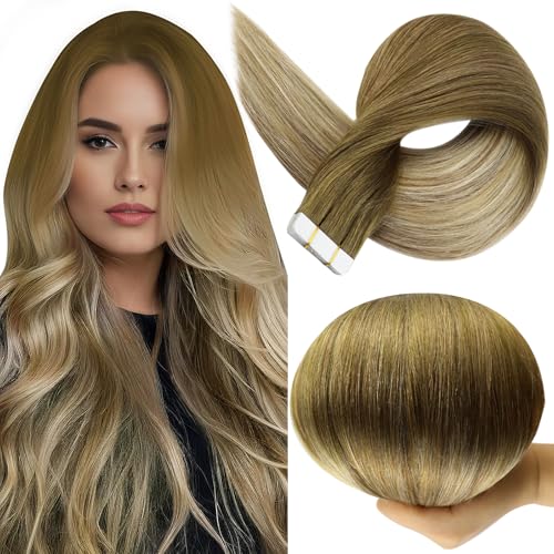 Image of Full Shine Blonde Tape in Human Hair Extensions Color Dark Brown Ombre Ash Brown And Blonde Tape Extensions Real Remy Hair 16 Inch Hair Extensions Tapes in 50Gram Invisible Tape Hair Add Volume 20Pcs