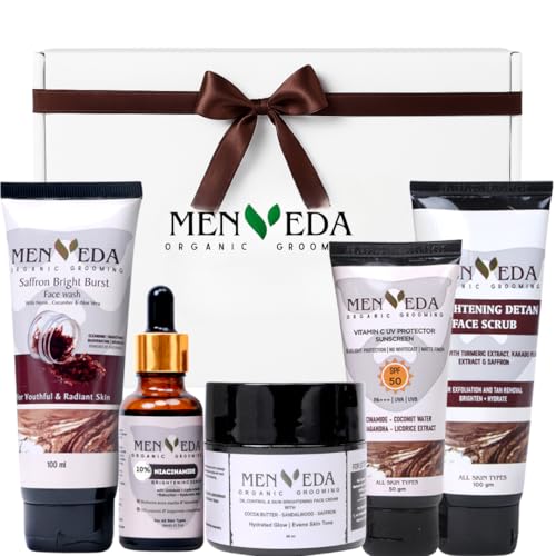 Image of Menveda Grooming Kit For Men (Pack of 5) | Face Wash, Scrub, Serum, Moisturizer & Sunscreen Complete Skincare Routine for Men | Nourished & Glowing Skin | Gift Set for Brother, Husband, Boyfriend