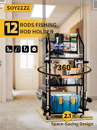 Image of SOYEEZE Fishing Rod Holders for Garage, Fishing Pole Holders Up to 12 Rods with Pegboard and Hooks,Rolling Fishing Cart with Wheels, Fishing Gear Storage For Tackle Box & Reel Organization- 10 Hooks