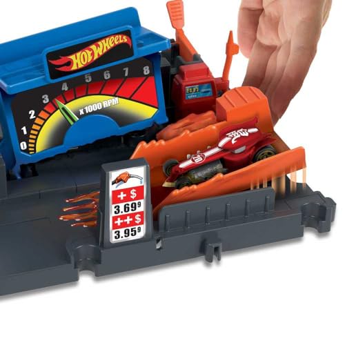 Image of Hot Wheels City Gas Station Playset with 1 Car, Connects to Other Sets, Car-Activated Features, Track Play Details, Gift for Kids