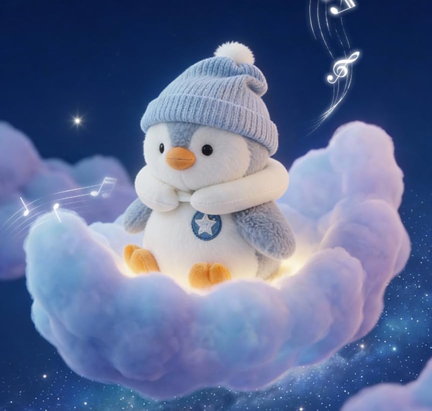 Talking Penguin Plush Toy for Babies OM+ - Interactive Voice Repeating, Gentle Sway & Lullabies, Huggable Sleep Companion with Night Cap