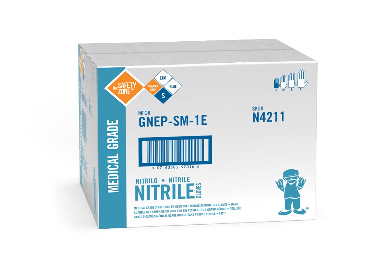 The Safety Zone GNEP-SM-1E Nitrile Exam Gloves, Blue, Case of 1000, Small