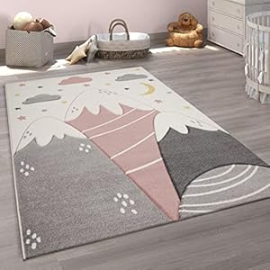 Tapijt Voor Kinderen Vloerkleed Kinderkamer Pastel 3D Bergen Modern, Maat:200×290 cm, Kleur:Roze