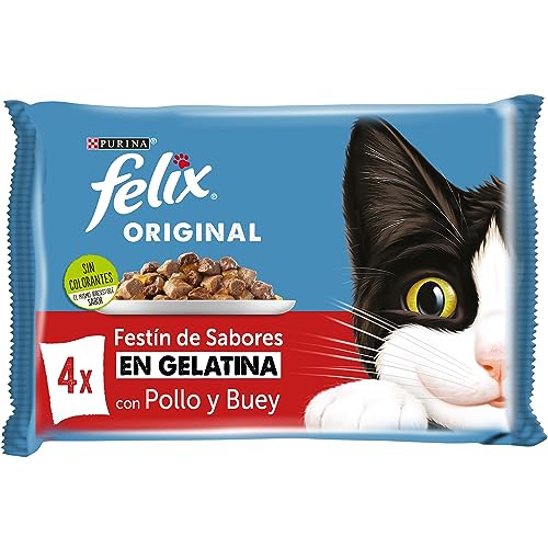 Felix Purina Gelatina Comida Húmeda para Gato Adulto Pack Surtido Carnes, 4 sobres de 85g