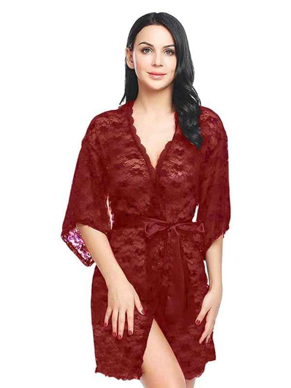 Image of Women's Sheer Lace Babydoll Lingerie Set, Floral Printed Nightdress with Panty, Net Lace Robe and Bikini Set, 4-Piece Nightwear Set