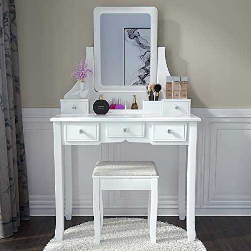 White Vanity Desk with Cushioned Stool Dressing Table Vanity Makeup Table with Mirror,5