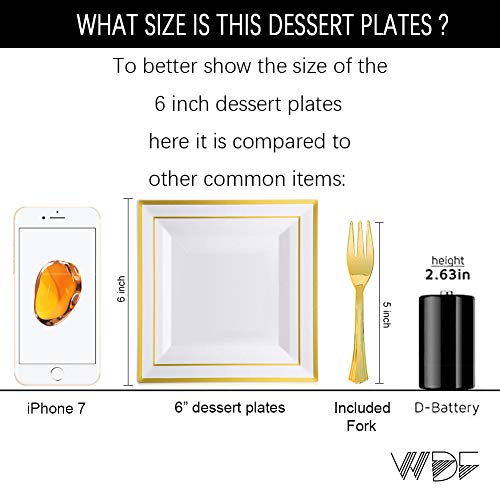 Wdf 200Pcs Gold Plastic Dessert Plates With Plastic Forks -6” 100 Square Disposable Appetizer Plates Small Plates Cake Plates With Gold Rim&100 Gold Small Appetizer Forks For Thanksgiving #TOP1