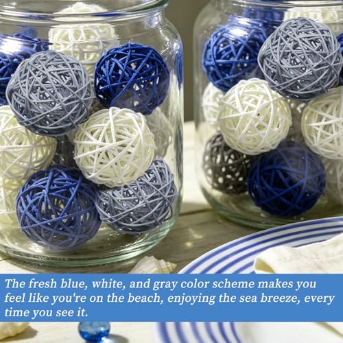 Bolas de mimbre decorativas de mimbre tricolor azul y gris para proyectos manuales 6