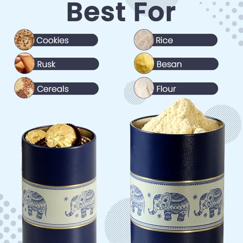 Image of Mandala Collection Airtight Kitchen Container Set| 850ML+1400ML- Set of 4| Food Grade Metal Jars for Spices, Snacks, Grain & Dry Food| Vacuum Lid, Rust Resistant| Blue Elephant Canisters