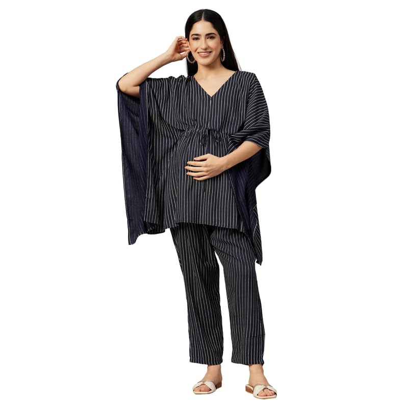 aaheli Women's Cotton Navy Blue Printed Maternity Kaftan Top with Pant Set-picture-16