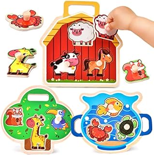 Atoylink 3pack Wooden Puzzles Montessori Wooden Toys for Baby Toddler 1 2 3 Years Old Farm Sea Animals Wooden Jigsaw with Handle Educational Learning Peg Puzzle Travel Toys Gifts for Kids Boys Girls