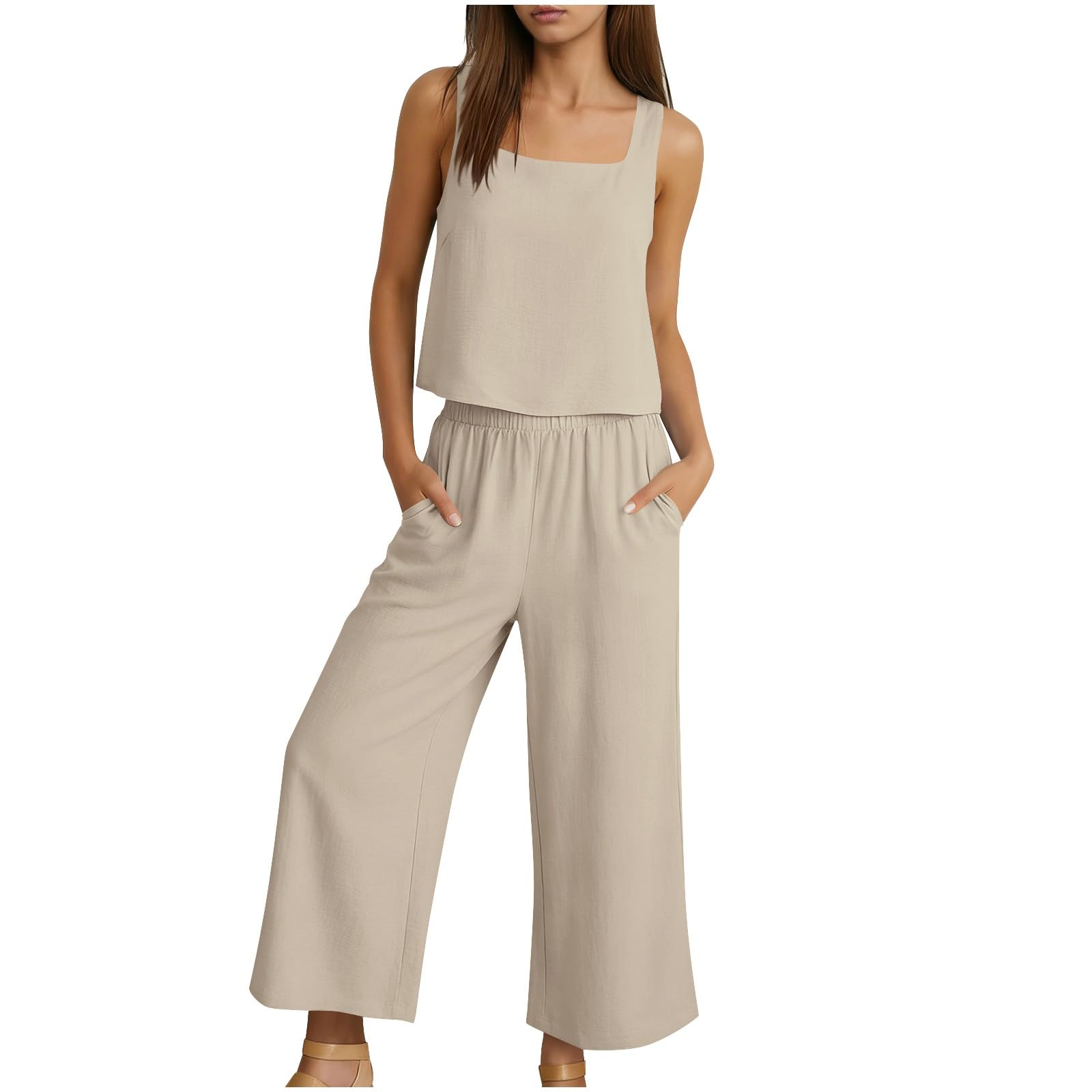 2 Piece Sets for Women Outfits Lounge Matching Casual Linen Travel Wide Leg Pants Crop Top Summer Vacation