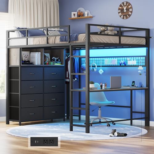 ADORNEVE Loft Bed Full Size with Desk and 8 Storage Drawers, LED Metal Loft Bed with Power Outlet, 2 Shelves & Clothing Rack, Bed with Safety Guardrail & Ladder,Space-Saving, Grey