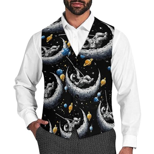 Astronaut Moon Swing Planets Spacees Galaxy Men's Suit Vests Dress Vest V-Neck Waistcoat Slim Business Formal with Pocket