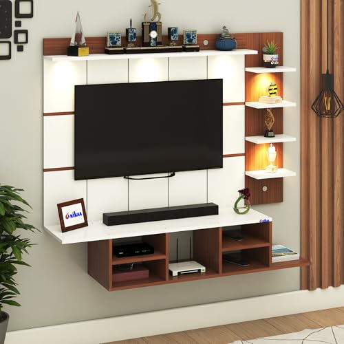 Image of Anikaa Charley Engineered Wood Wall Mount Striped PVC Back Panel TV Unit with Spot LED Lights | TV Cabinet with Open Storage Box (Walnut /White) | Ideal for UP to 43 Inch TVs - DIY Installation