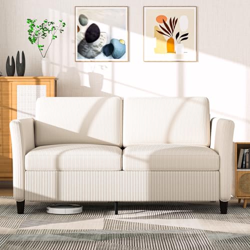 60.6″ Corduroy Loveseat Sofa, Modern Comfy Couches with Side Pocket, 2-Seater Sofa Couch for Living Room, Bedroom and Small Spaces,Beige