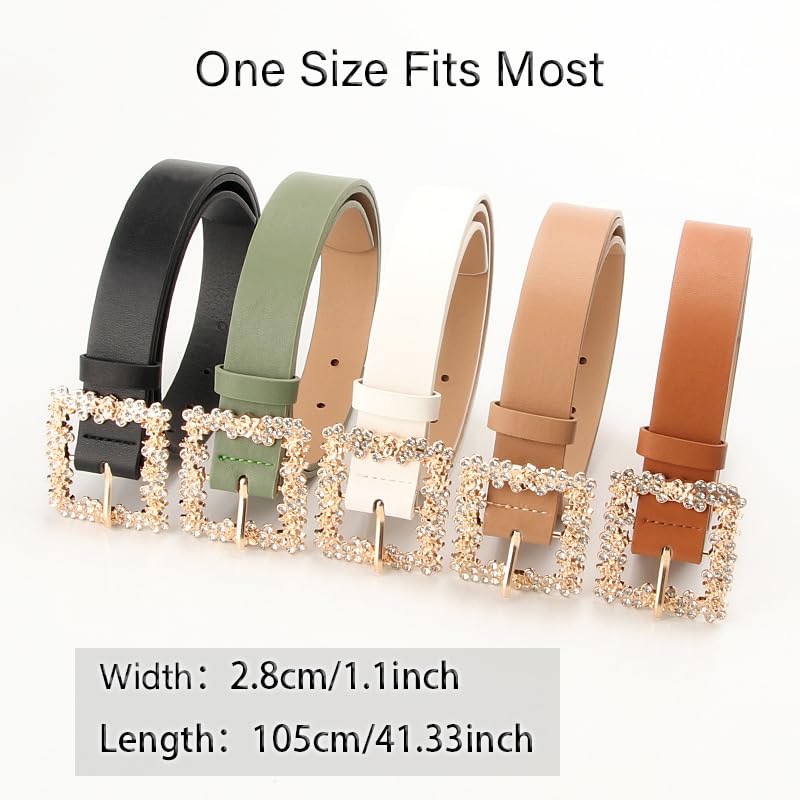 COTIM COYIN Women Rhinestone Leather Belt, Rhinestone and Gold Rose Square Buckle Belt for Pants Dress Jeans4