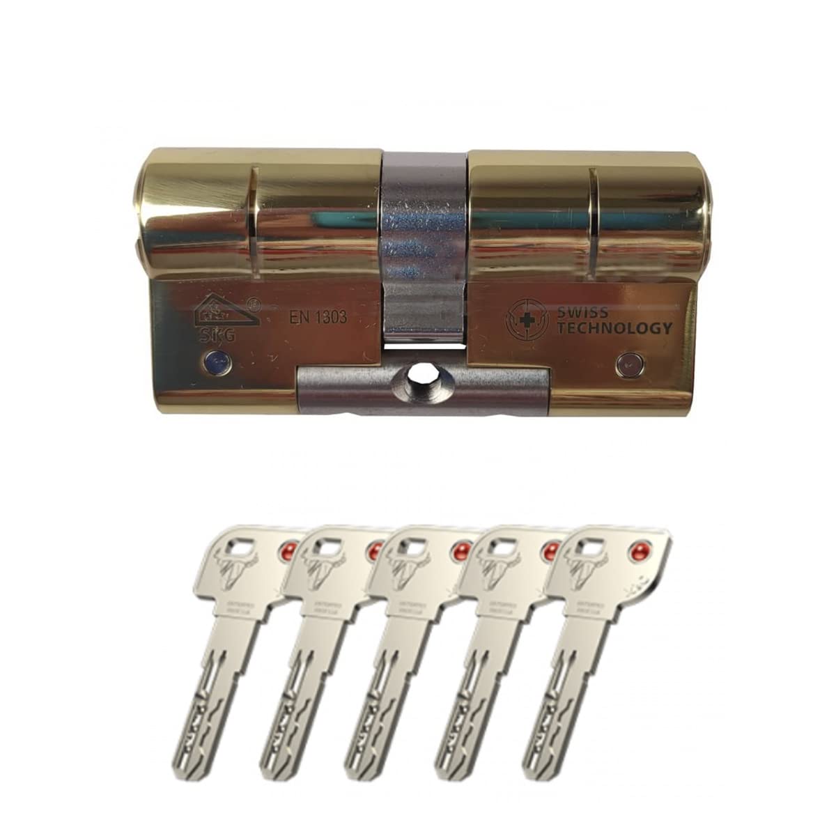 M&C Minos Bombín Cerradura Alta Seguridad Certificación Seguridad Máxima SKG 3 Estrellas 32x32mm Anti Bumping Resistente Taladro Tecnología Suiza Color Dorado 5 Llaves Incluidas, Pequeña