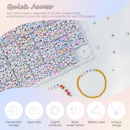 Image of Looconi 1600pcs Colorful Letter, Star, Heart, Number, Smiley Face Beads and Elastic String 7x4mm Alphabet Beads 31 Styles for Jewelry Making