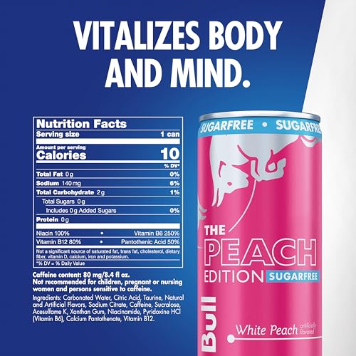 Image of Red Bull Peach Edition Sugarfree Energy Drink, White Peach, 8.4 fl. oz., Pack of 8, with 80mg Caffeine, Taurine & B Vitamins