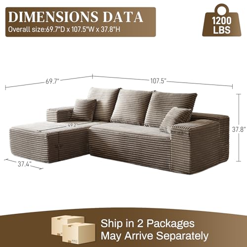Image of 108 inch Boneless Couches for Living Room, L Shaped Comfy Cloud Modular Sectional Memory Foam Deep Seat Boneless Couch, No Assembly Required Boneless Sofa for Living Room with Left Facing Chaise, Camel